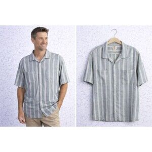 New Mens Panama Jack Linen Blend Shirt Size Large Blue Stripe Short Sleeve